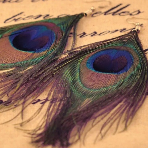NEW BOHO Style Peacock Feather Dangle Earrings - Picture 4 of 4